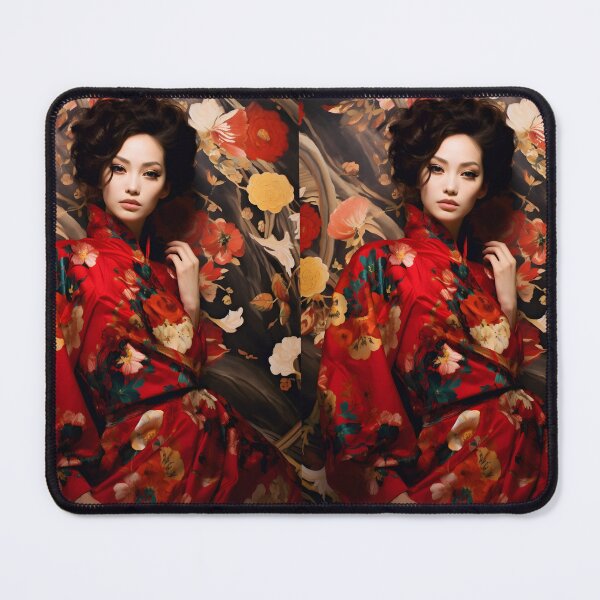 Item preview, Asian woman in red dress posing with a floral background designed and sold by AI-Only Creations.