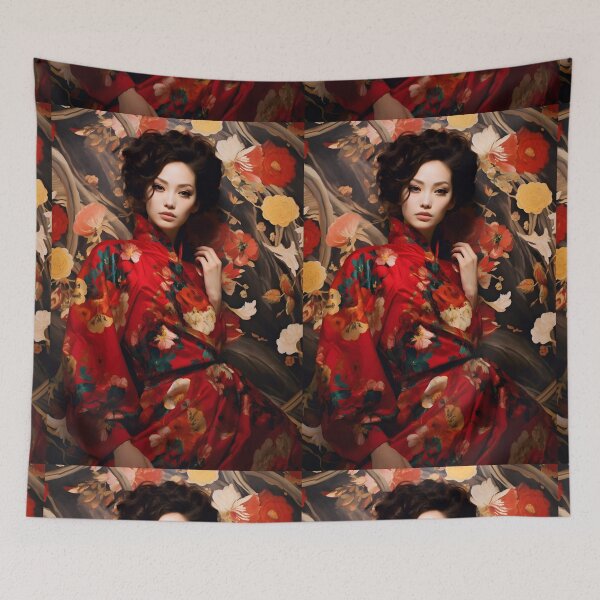 Item preview, Asian woman in red dress posing with a floral background designed and sold by AI-Only Creations.