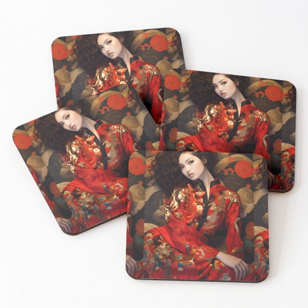 Item preview, Asian woman in red and floral dress posing, pattern explosion designed and sold by AI-Only Creations.