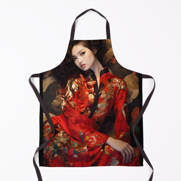 Item preview, Asian woman in red and floral dress posing, pattern explosion designed and sold by AI-Only Creations.