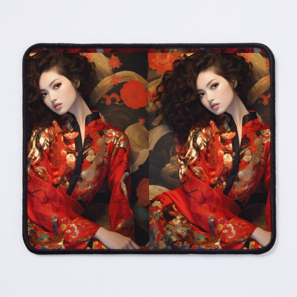 Item preview, Asian woman in red and floral dress posing, pattern explosion designed and sold by AI-Only Creations.