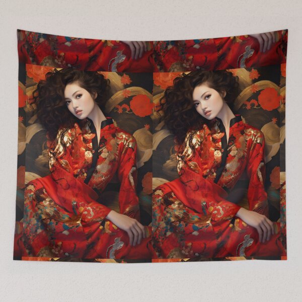 Item preview, Asian woman in red and floral dress posing, pattern explosion designed and sold by AI-Only Creations.
