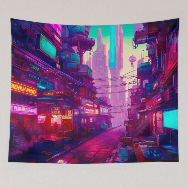 Item preview, Neon Spire Overlooking Dystopian Back Street designed and sold by Ink Art Design.