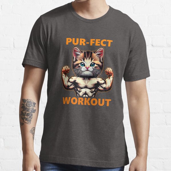 Muscular cat saying purfect workout fun gym kitten