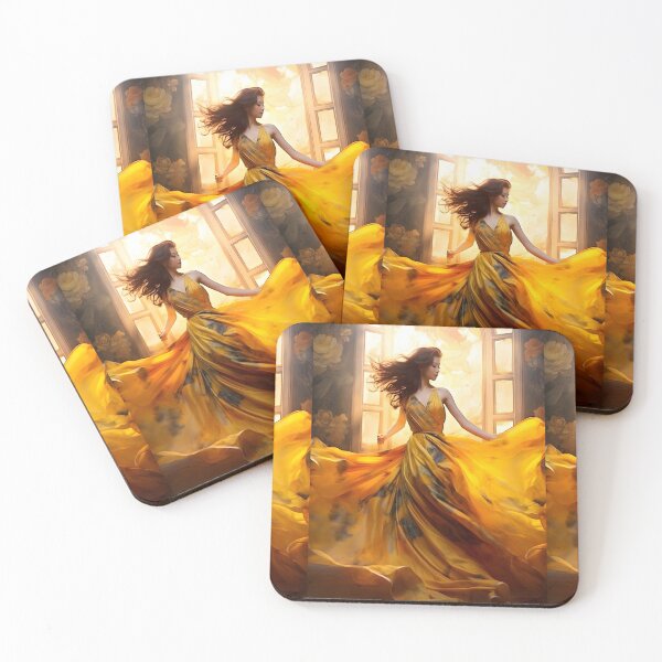 Item preview, Asian woman in yellow dress in the style of flowing fabrics designed and sold by AI-Only Creations.