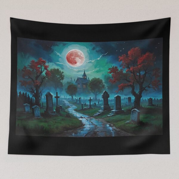 Item preview, Haunted house, cementery under a red moon, halloween painting designed and sold by ChaosEdits.