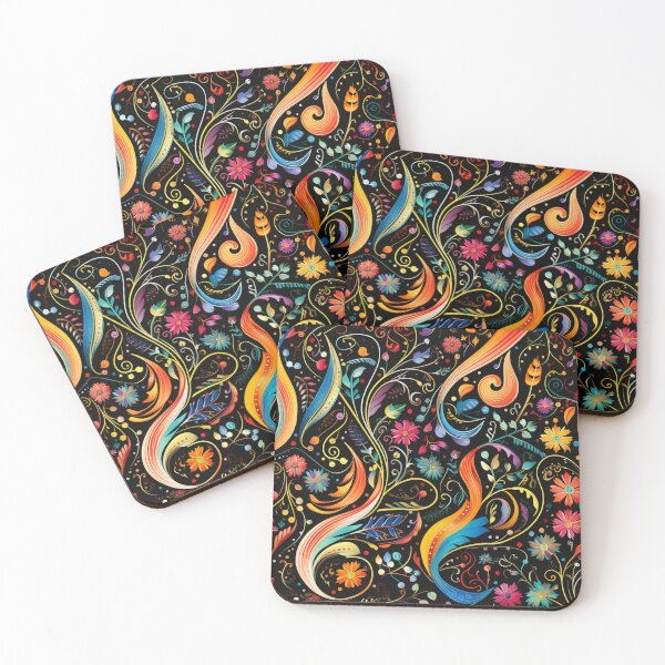 Item preview, Colorful fantasy pattern orange blue red white green turquoise yellow black flowers designed and sold by G-M-Designs.