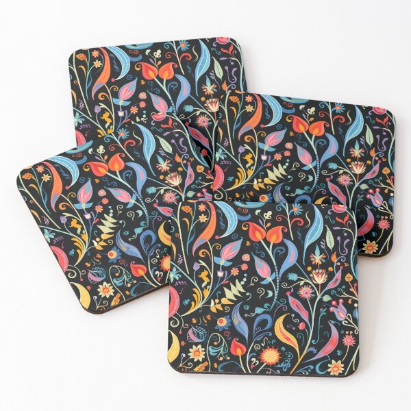Item preview, Colorful fantasy pattern orange blue red white green turquoise yellow black flowers designed and sold by G-M-Designs.