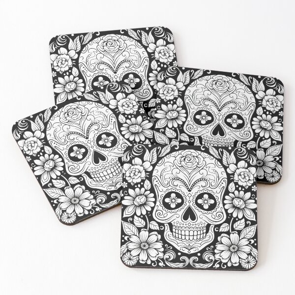 Item preview, BLack and white sugar skull and flowers roses ink art  designed and sold by Inktown.