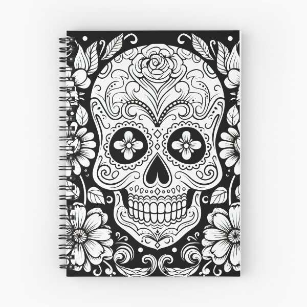 Aperçu de l'œuvre Crâne de sucre noir et blanc et fleurs roses art à l'encre créée et vendue par Inktown.