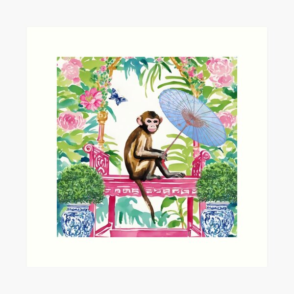 Item preview, Monkey in chinoiserie garden designed and sold by SophieClimaArt.