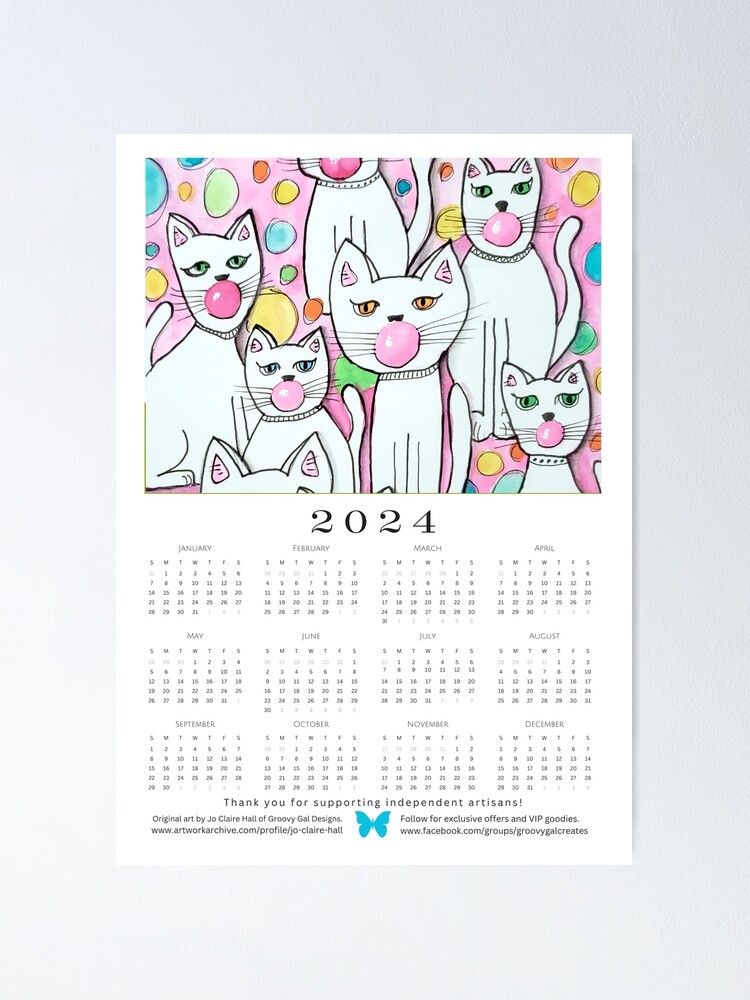 2024 Calendar Art Print Cats Blowing Bubbles Poster for Sale by