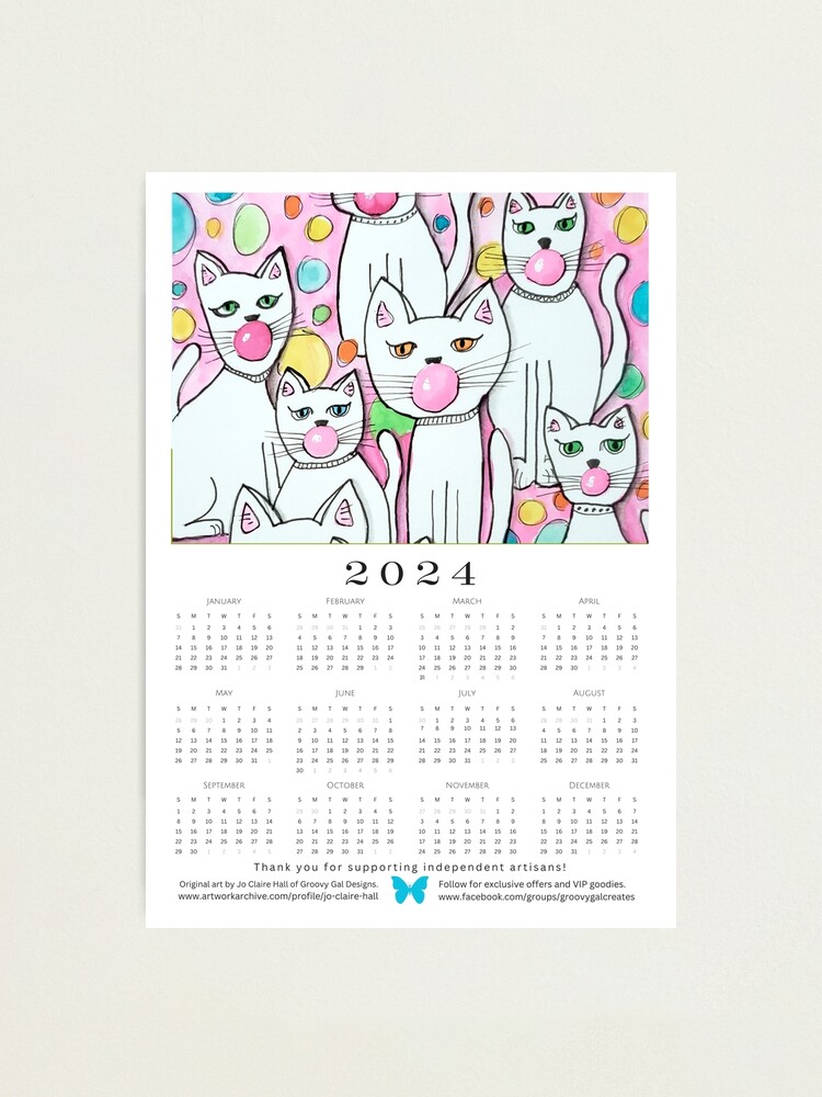 Cat 2024 Wall Calendar, Cat Paintings, Kitten Monthly Calendar, 12