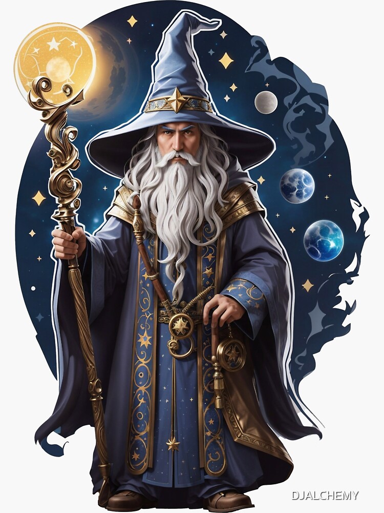 Thumbnail 3 of 3, Sticker, Wizard in blue hat and cloak designed and sold by DJALCHEMY.