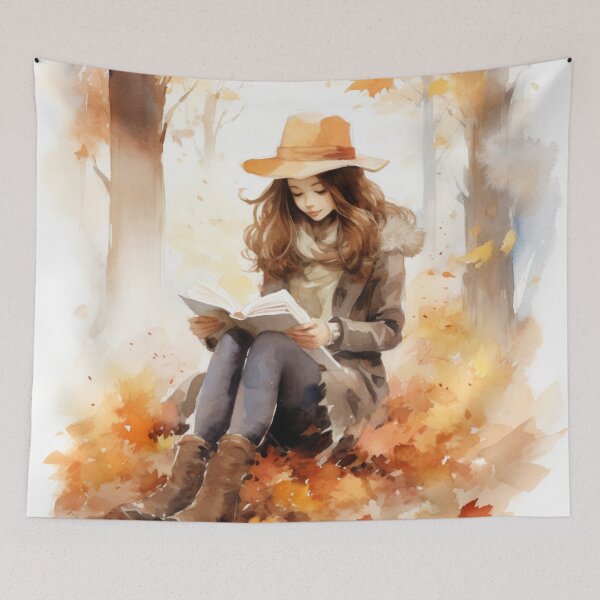 Item preview, A Watercolor Design of a Girl Reading in a Quite Forest in Autumn designed and sold by Sketch-Shack.