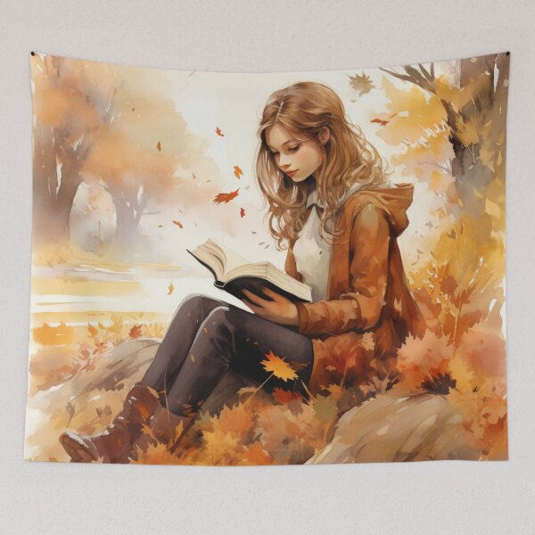 Item preview, A Watercolor Design of a Girl Reading in a Quite Forest in Autumn designed and sold by Sketch-Shack.