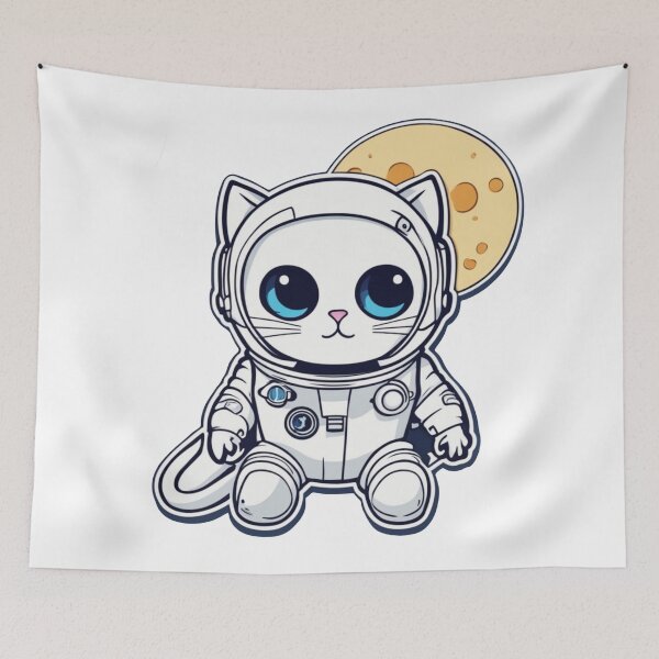 Item preview, Cute white space cat with blue eyes looking at the moon. designed and sold by By-Jeff.