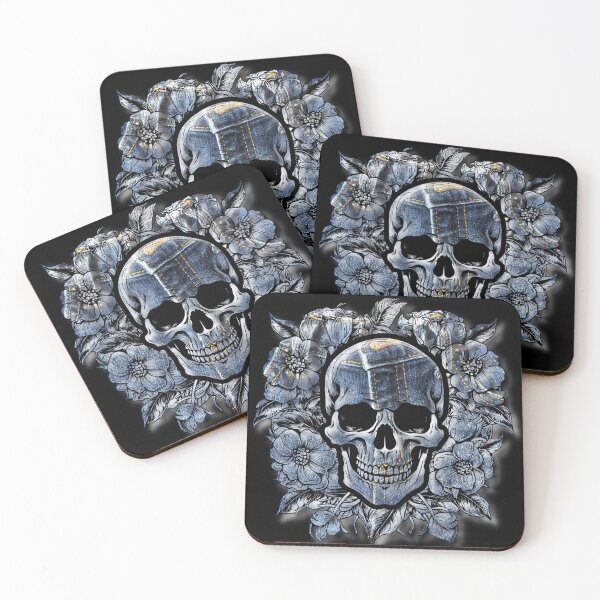Artikelvorschau, Blumen mit Totenkopf auf blauer Denim-Jeans-Oberfläche entworfen und verkauft von teaw-teaw.