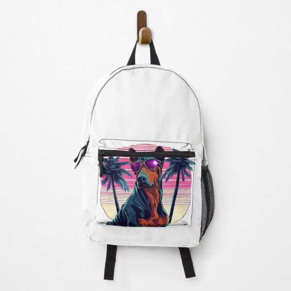 Item preview, 80's retro vaporwave funny doberman in sunglasses on palm beach sunset designed and sold by TomFrontierArt.