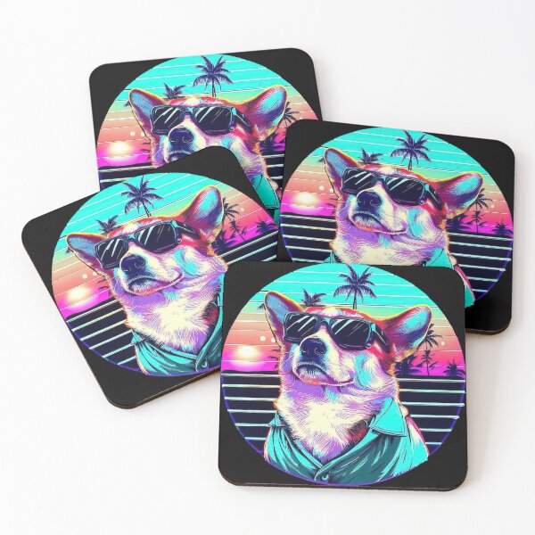 Item preview, 80's retro vaporwave funny corgi in sunglasses on palm beach sunset designed and sold by TomFrontierArt.