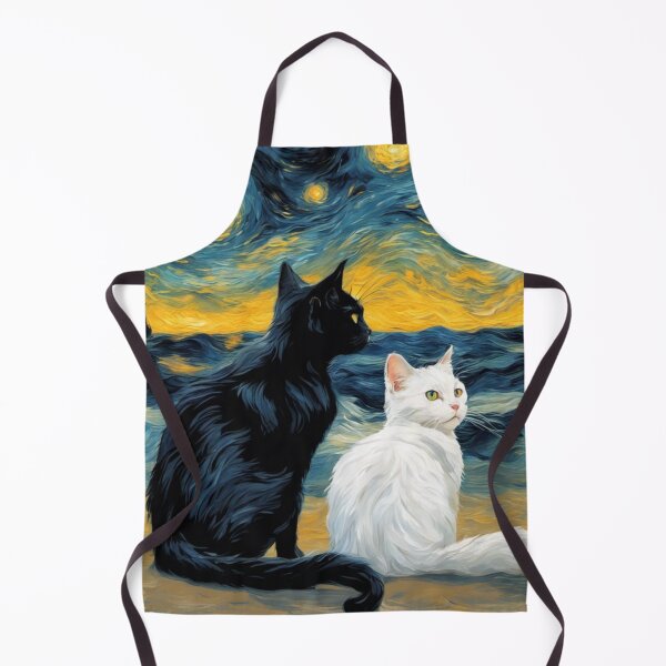 Item preview, Black and white cat artwork. Beach with Van Gogh starry night in the background. designed and sold by Artandstonesgr.