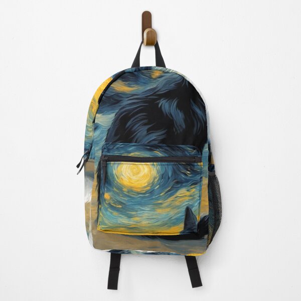Item preview, Black and white cat artwork. Beach with Van Gogh starry night in the background. designed and sold by Artandstonesgr.