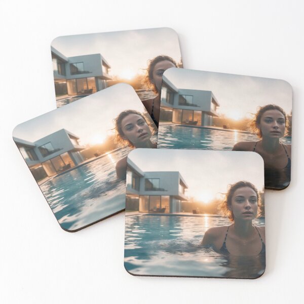 Artikelvorschau, Junge Frau im Swimming Pool mit modernem Haus und Sonnenuntergang im Hintergrund entworfen und verkauft von Robinson-Icious.