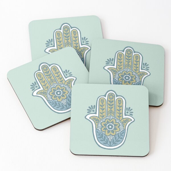 Aperçu de l'œuvre Hamsa Flora Linocut - Mint, Gold, Sky, Snow, Peacock créée et vendue par Irene Estelle.