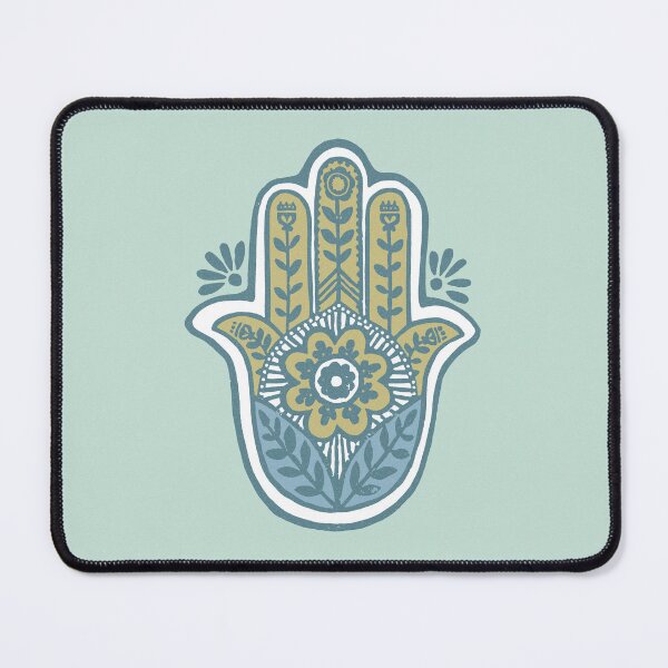 Artikelvorschau, Hamsa Flora Linocut - Mint, Gold, Sky, Snow, Peacock entworfen und verkauft von Irene Estelle.