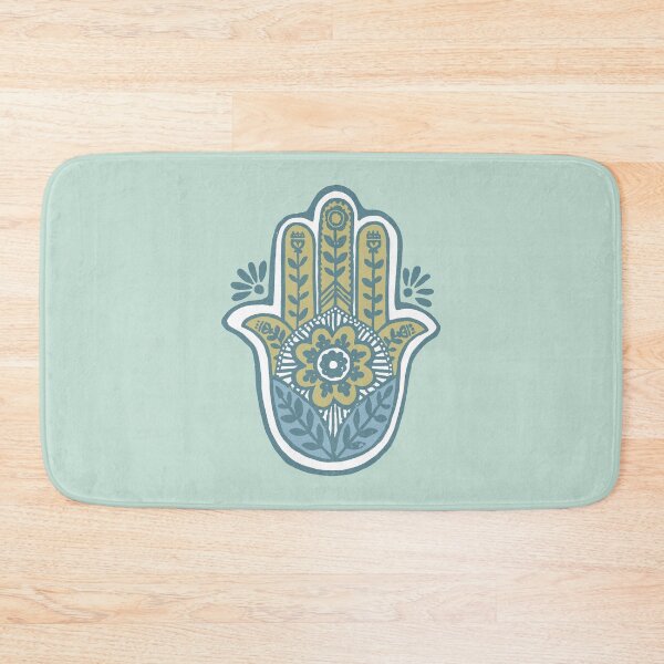 Artikelvorschau, Hamsa Flora Linocut - Mint, Gold, Sky, Snow, Peacock entworfen und verkauft von Irene Estelle.
