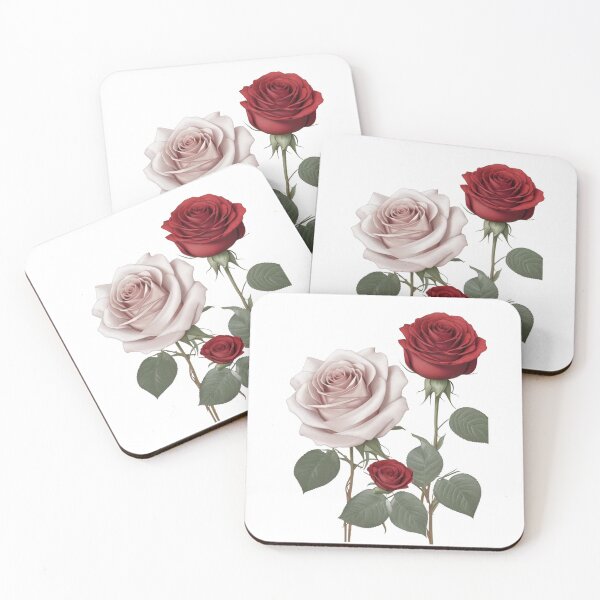 Item preview, 1 red and 1 cream Hybrid tea roses with a bud and sliver green leaves. designed and sold by Debsgiftware Ward.
