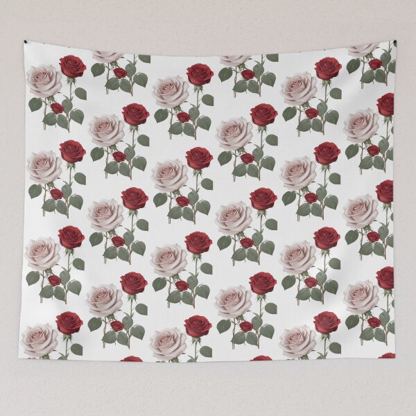 Item preview, 1 red and 1 cream Hybrid tea roses with a bud and sliver green leaves. designed and sold by Debsgiftware Ward.