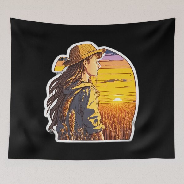 Item preview, Traveler Girl Watching Retro Sunset over Wheat Field designed and sold by Ridiculam Toga.