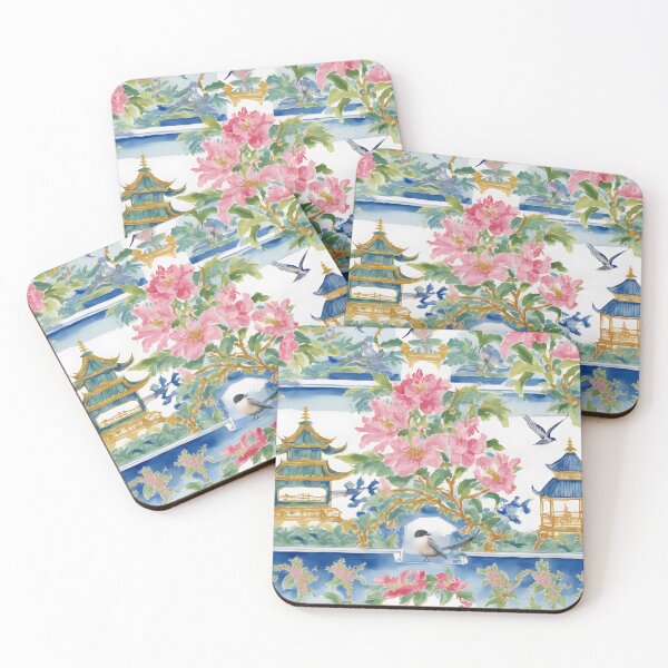 Item preview, Peonies, pagodas, and birds chinoiserie designed and sold by SophieClimaArt.