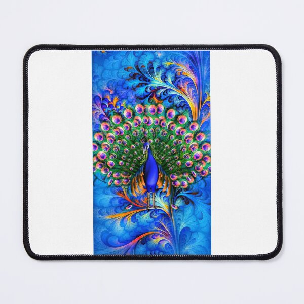 Item preview, Bright blue peacock perched doing a cartwheel displaying its green and orange feathers against a shaded blue background designed and sold by Creativesphotos.