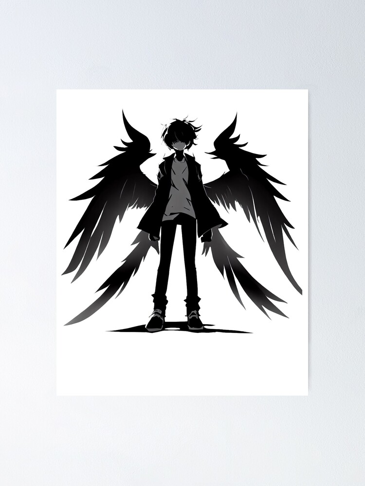 Anime art of a tall boy with angel wings in a black jacket on Craiyon