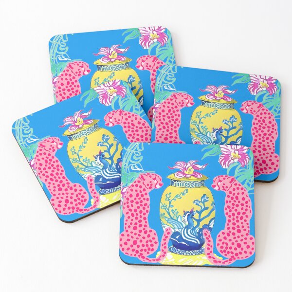 Item preview, Pink panthers and yellow chinoiserie jar on blue designed and sold by SophieClimaArt.