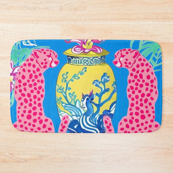 Item preview, Pink panthers and yellow chinoiserie jar on blue designed and sold by SophieClimaArt.