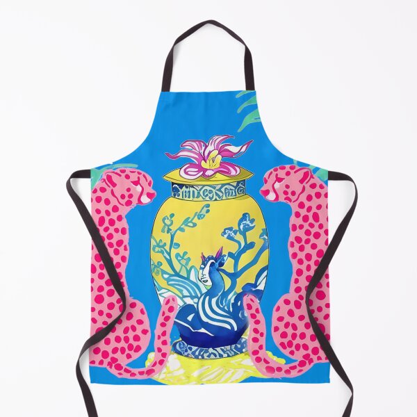 Item preview, Pink panthers and yellow chinoiserie jar on blue designed and sold by SophieClimaArt.