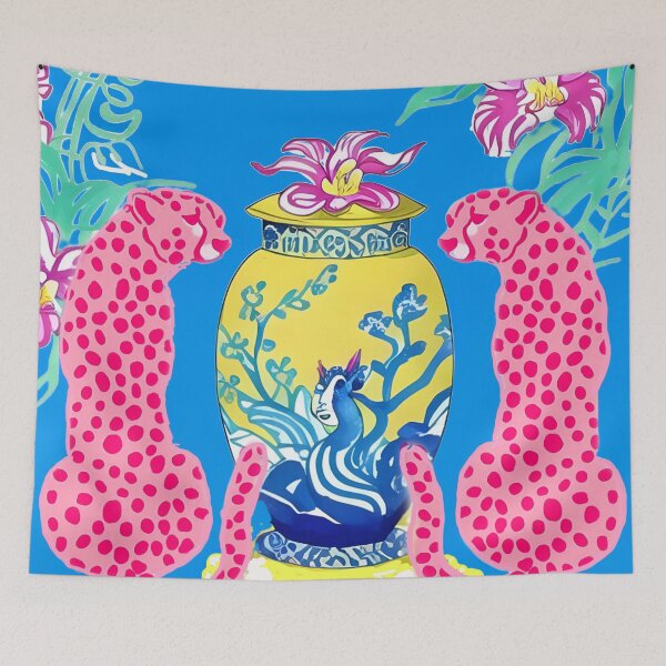 Item preview, Pink panthers and yellow chinoiserie jar on blue designed and sold by SophieClimaArt.