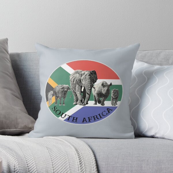 Proudly South Africa Big 5 on South Africa Flag for Wildlife Fans Throw Pillow