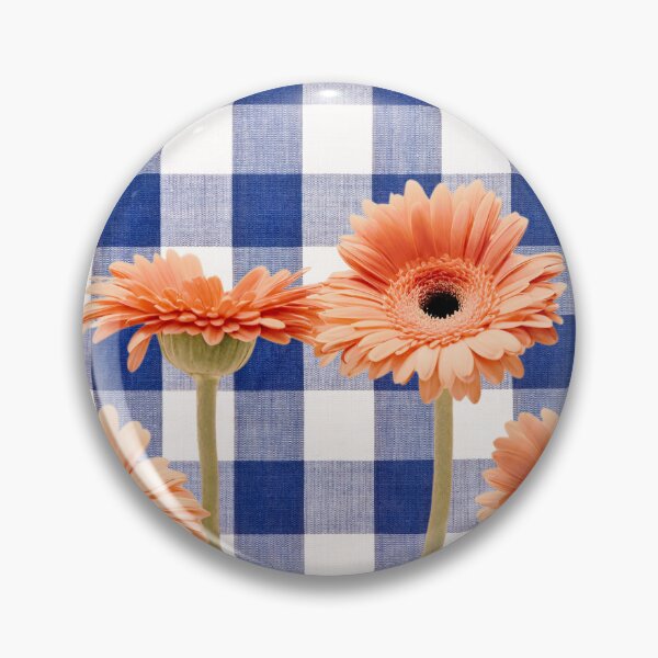 Item preview, Peachy Gerbera flowers on Blue gingham plaid designed and sold by Neeshki.