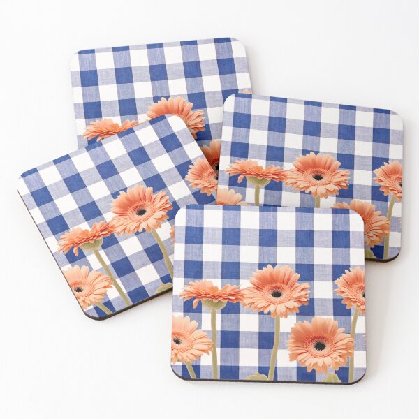 Item preview, Peachy Gerbera flowers on Blue gingham plaid designed and sold by Neeshki.
