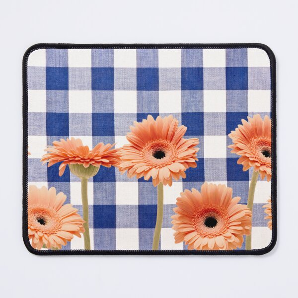 Item preview, Peachy Gerbera flowers on Blue gingham plaid designed and sold by Neeshki.