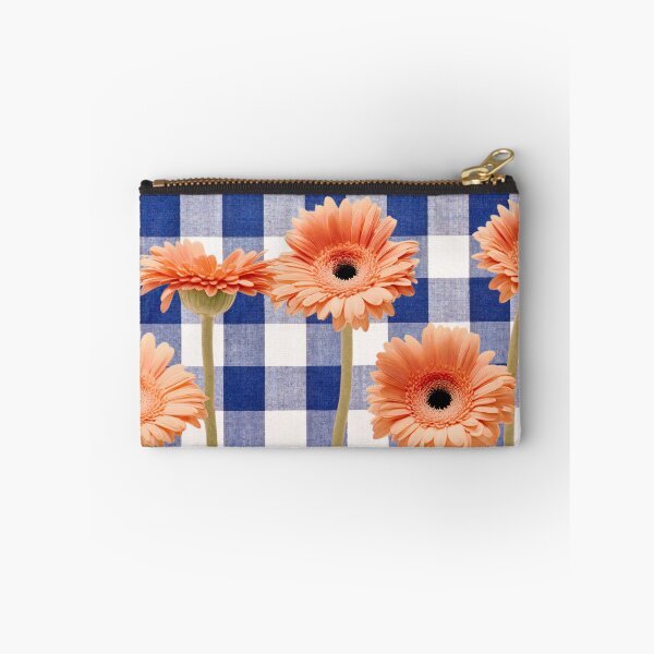 Item preview, Peachy Gerbera flowers on Blue gingham plaid designed and sold by Neeshki.