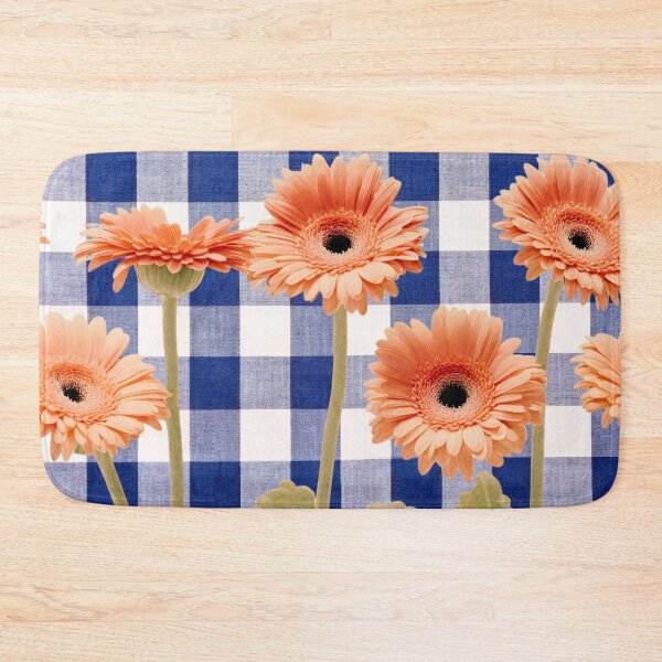 Item preview, Peachy Gerbera flowers on Blue gingham plaid designed and sold by Neeshki.