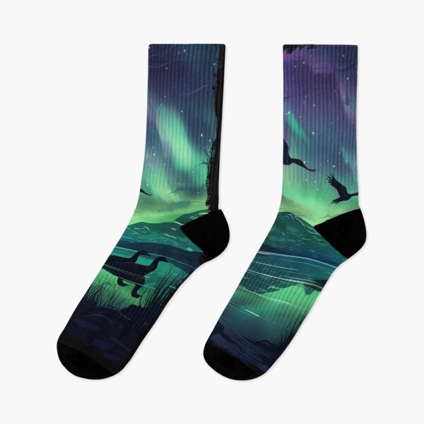 Item preview, Geese Northern Light Aurora Borealis Scenery Mountains Rivers Trees designed and sold by NLTees.