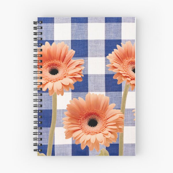 Item preview, Peachy Gerbera flowers on Blue gingham plaid designed and sold by Neeshki.