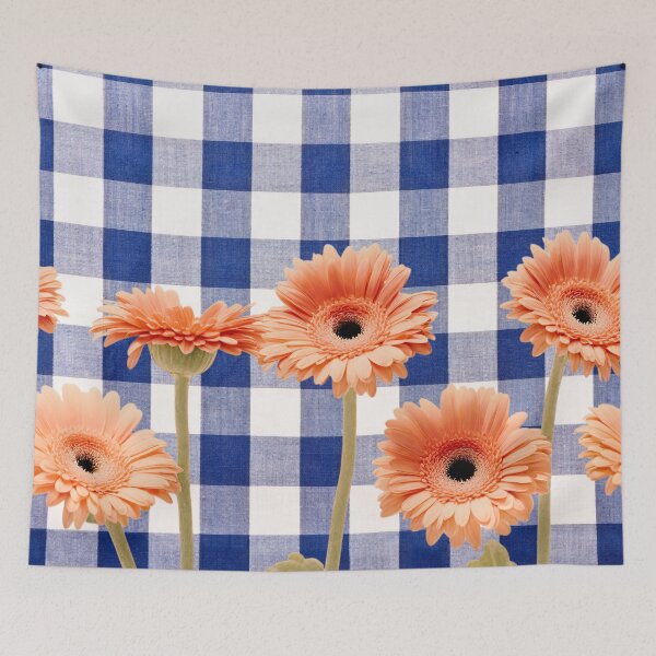 Item preview, Peachy Gerbera flowers on Blue gingham plaid designed and sold by Neeshki.