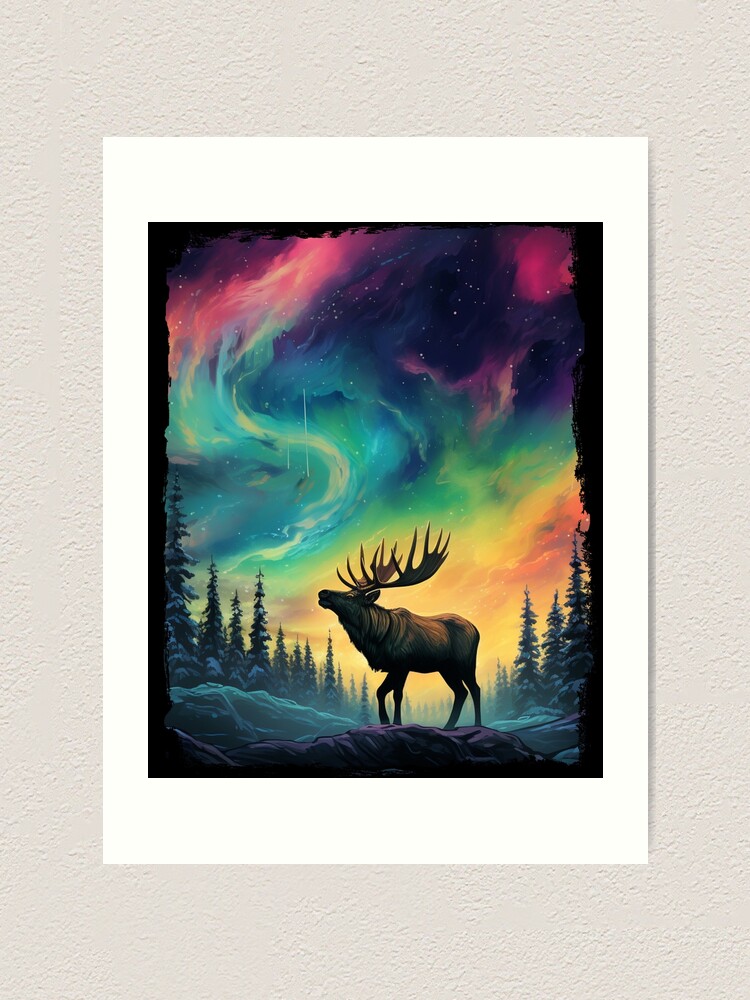 Fashion Original painting on wood - acrylic painting, northern lights, aurora borealis, pine tree, snow, deer, animals, elk, nature lover